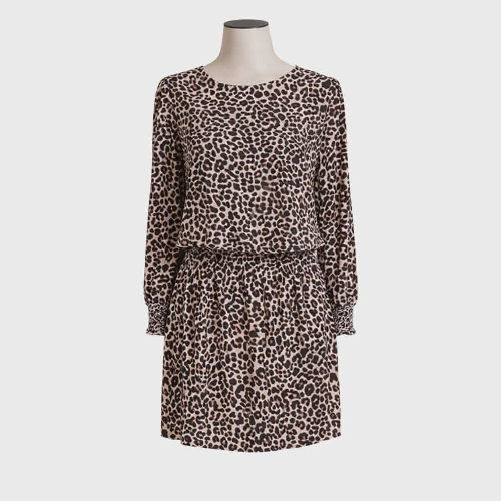 NWT Parker NY Smocked Drop-Waist Leopard Mini Dress Pink/Maroon. Size Large